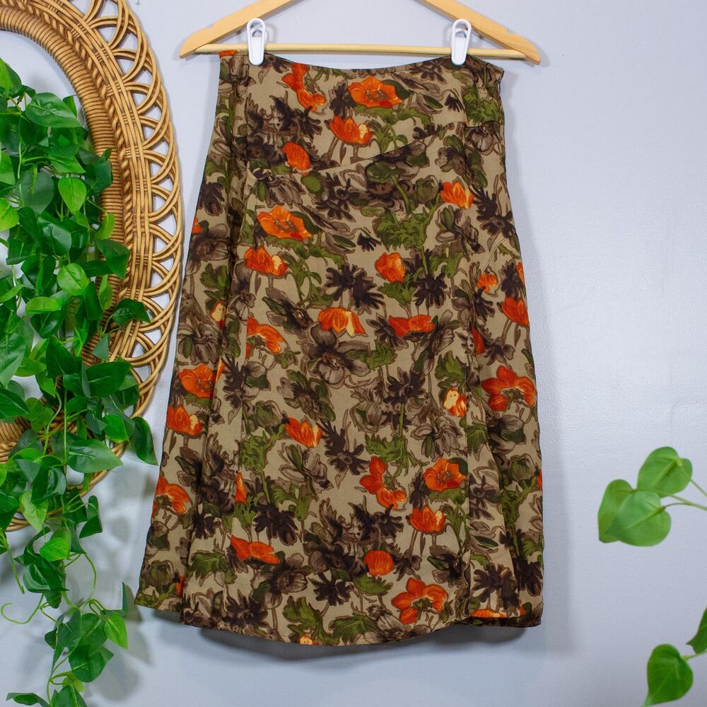 Cottagecore Olive Floral Midi Skirt Earthy Fall Petite 90s Vtg | Soft Autumn